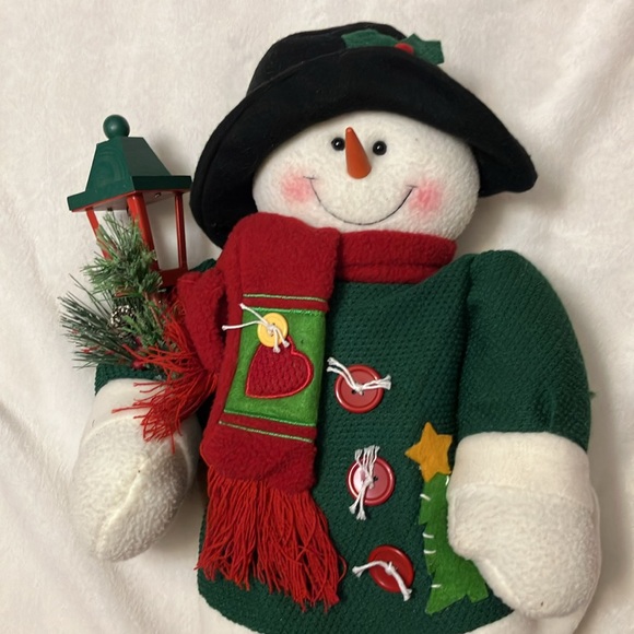 Holiday Standing Snowman holding Lamp with green sweater and scarf 2 foot tall - Picture 2 of 8